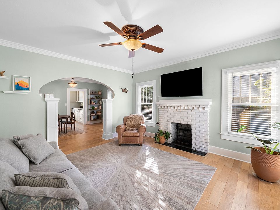 Inviting living room with fireplace and architectural features