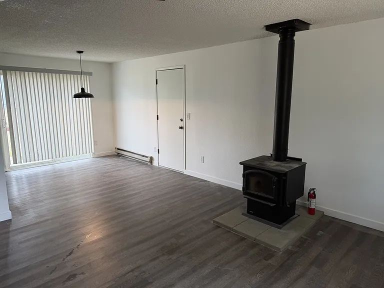 Slider goes out to a small cement pad in the back yard. Grill included. To the left is the galley kitchen, doorway on the right goes into the garage. Photo taken from the front door. Hallway to all rooms is off camera to the left.