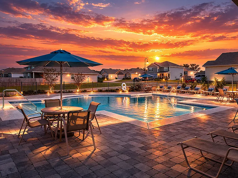 Charming community pool area with elegant seating and vibrant sunset view, perfect for relaxing eveningsChatGPT Image Feb 25, 2026, 10_03_19 AM (2)