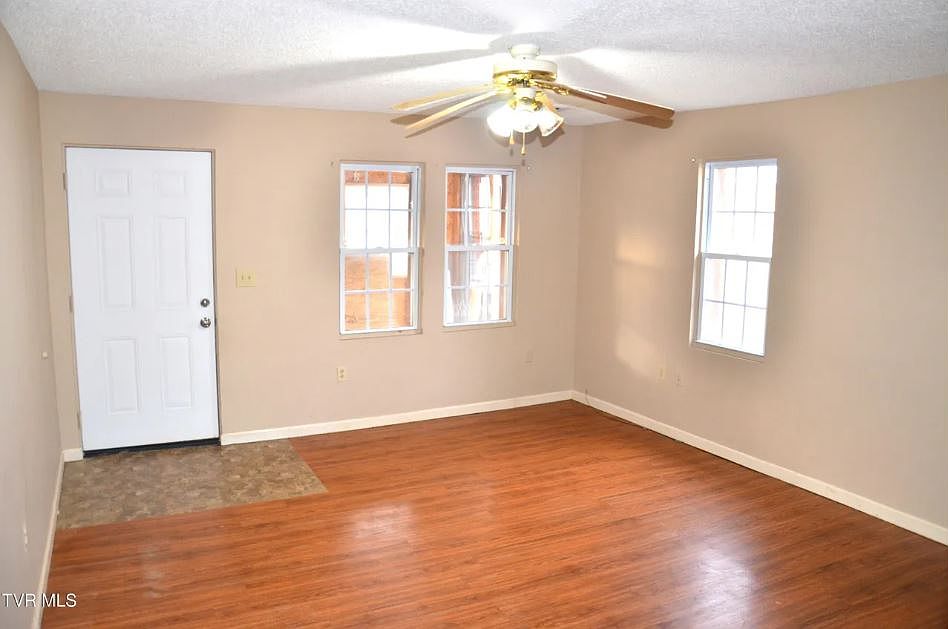 Wood laminate floors and fan in living room.