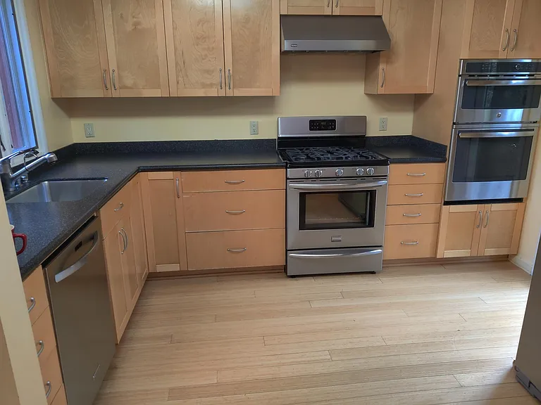 Kitchen - gas range plus in-wall microwave/electric oven combo at right. Dishwasher at left.