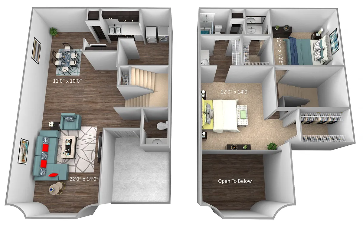 Floor plan Two Bedroom One Bath and One Half Bath (Townhouse)