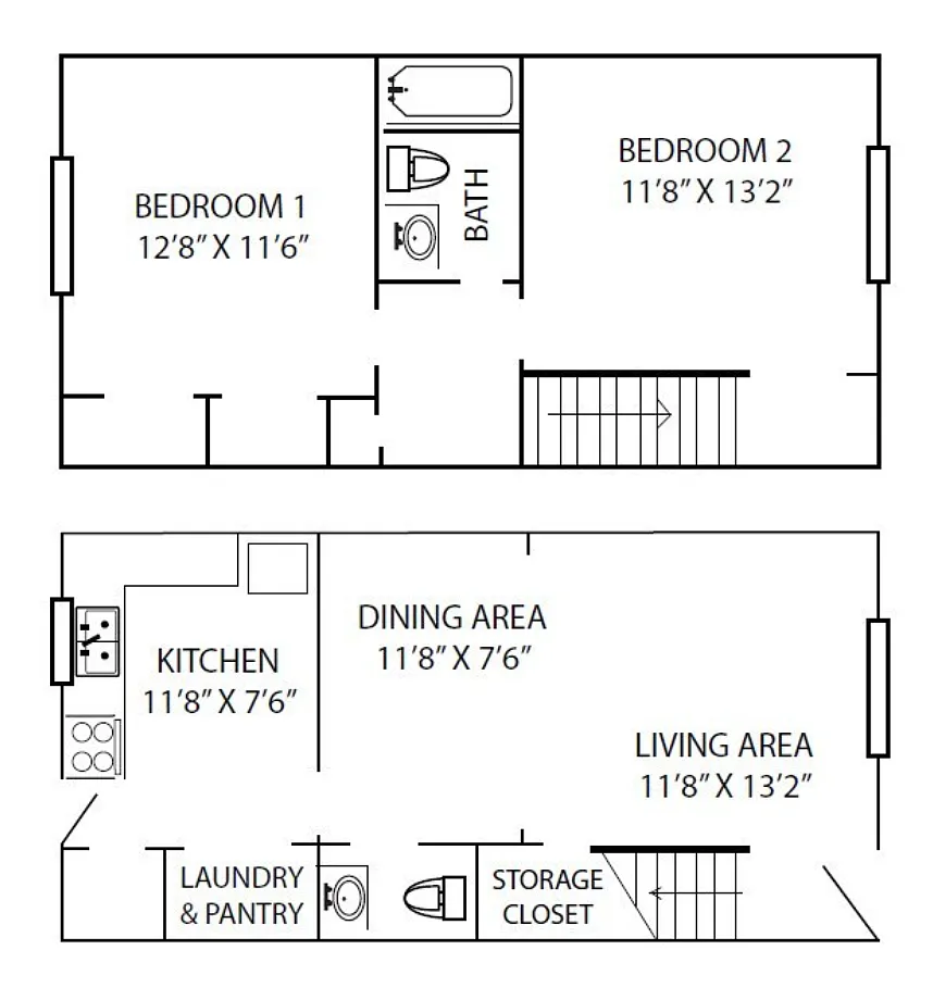 Floor plan 2 Bedroom 1.5 Bath Townhouse