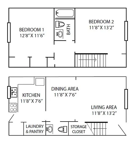 Floor plan 2 Bedroom 1.5 Bath Townhouse Partial Renovation