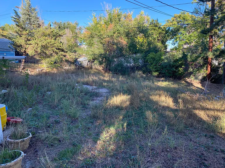 Large backyard with a storage shed. Not fenced in.