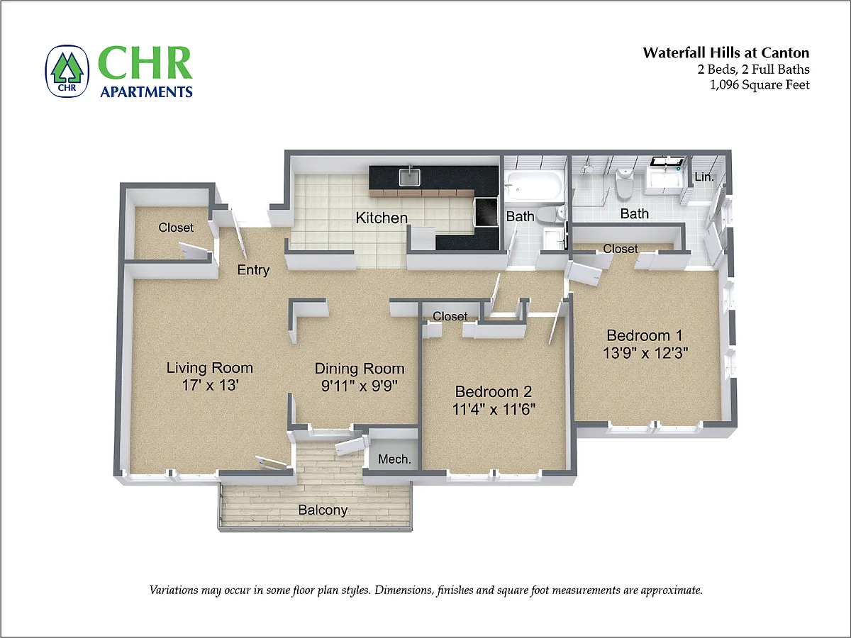 Floor plan 2 Bed/2 Bath with Eat-In Kitchen