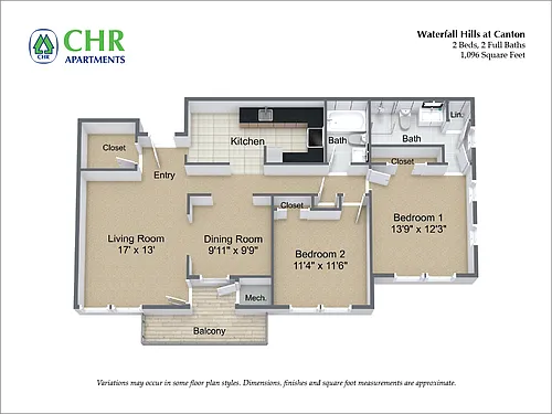 Floor plan 2 Bed/2 Bath with Eat-In Kitchen