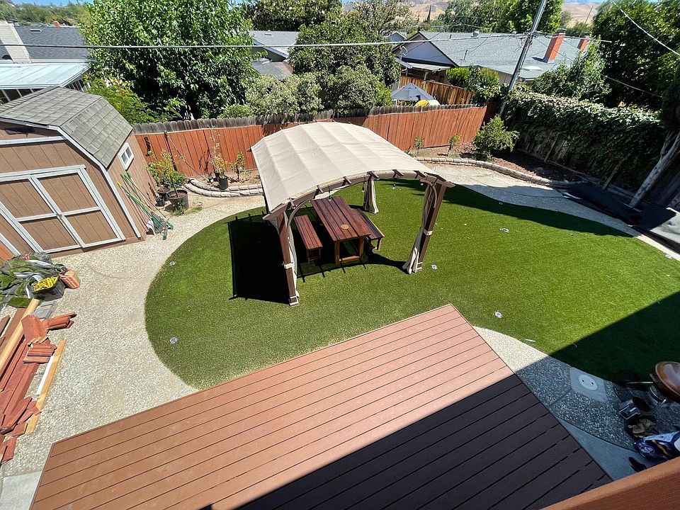 Backyard w/ 20x16 ft deck, artificial turf, and perimeter garden