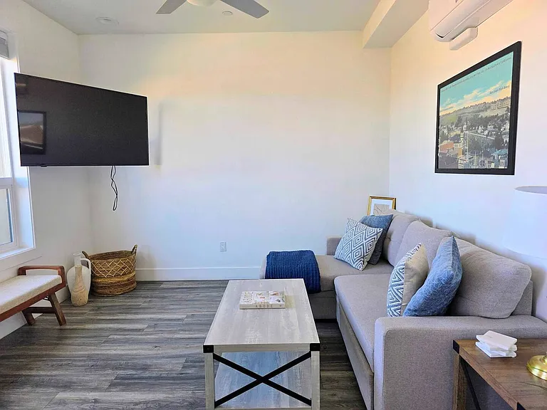 Living room (sofa bed, AC, TV, ceiling fan)