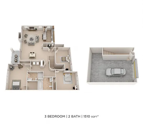 Floor plan Three Bedroom 2 Bath- 1510 sqft