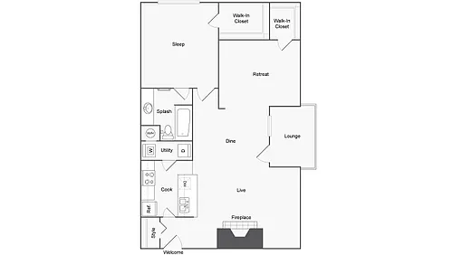 Floor plan 1 BR x 1 BA Den with W/D - F