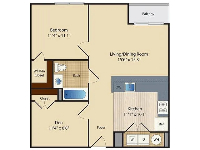 Floor plan One Bedroom One Bath with Den (752 SF)