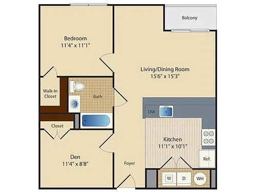 Floor plan One Bedroom One Bath with Den (752 SF)