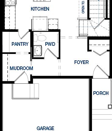 A blackline drawing of the Rundle 22 main floor floor plan by Brookfield Residential in Edmonton.