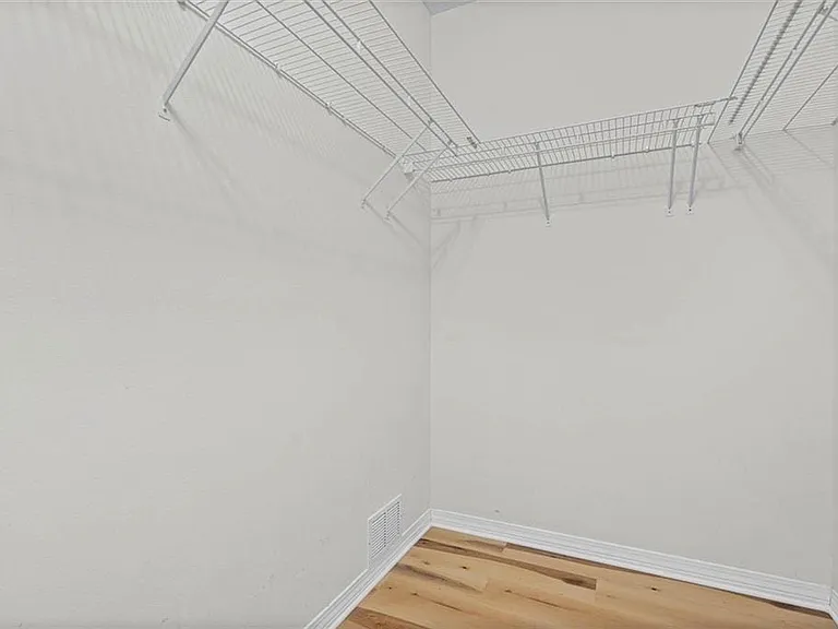 Recessed closet with wire shelving system and wood-finish flooring