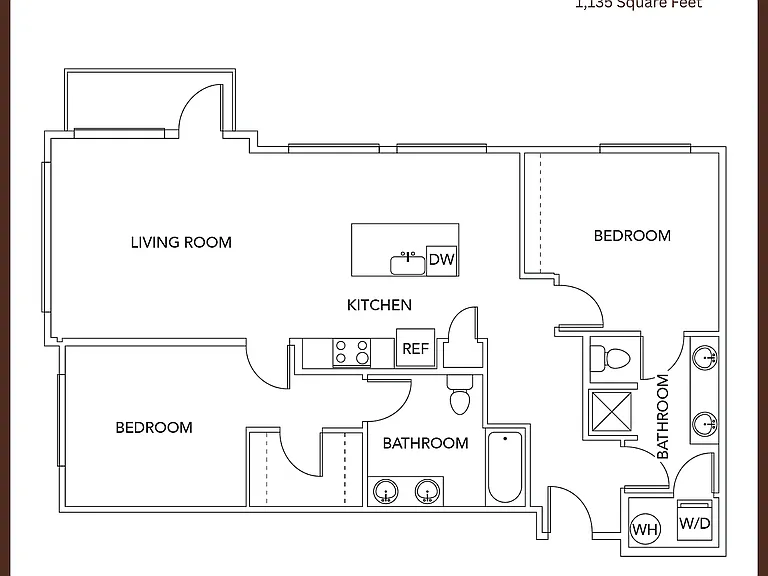 Elegant 2-bedroom, 2-bath luxury apartment floor plan featuring a spacious living room and modern kitchen, 1135 square feet. Elegant 2-bedroom, 2-bath luxury apartment floor plan featuring a spacious living room and modern kitchen, 1135 square feet.