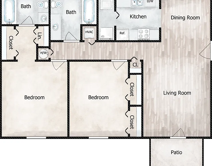 2 Bed 2 Bath Floorplan Diagram