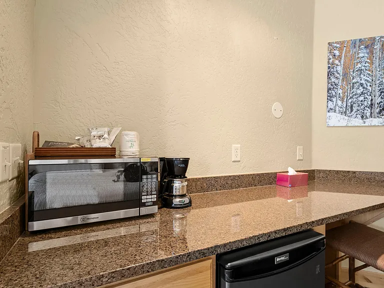 Microwave, Coffee Maker, and Mini Fridge in Primary Bedroom
