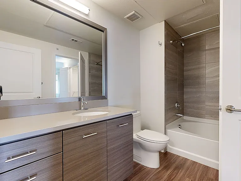 Apartment bathroom with wood-style flooring.