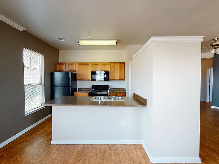 Apartment kitchen with wood-style flooring.