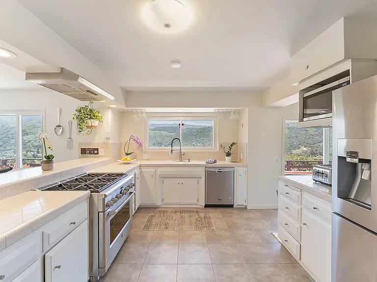 Chef's kitchen with stainless steel appliances.