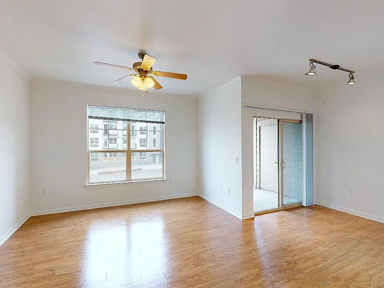 Apartment living room with wood-style flooring.