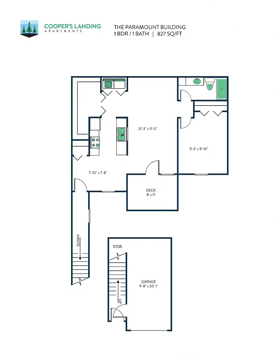 Floor plan 1 Bed, 1 Bath - 827 sq ft