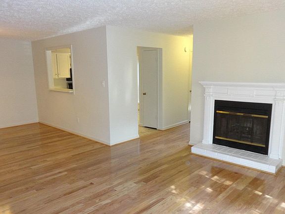 Large bright open living room with wood burning fireplace wi