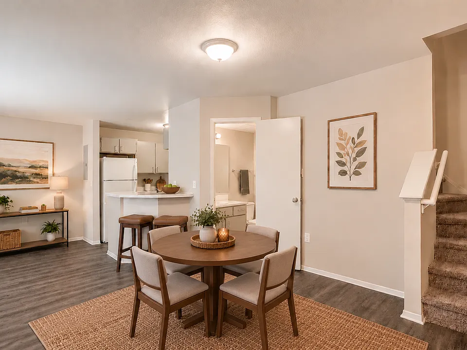 The two-bedroom townhouse offers an open living and dining area with wood-style flooring and a natural connection to the kitchen. The spacious layout provides an inviting setting for relaxing, dining, and gathering.