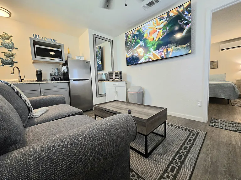 From the desk, loveseat, or kitchenette, enjoy a movie on the 60" Roku TV.