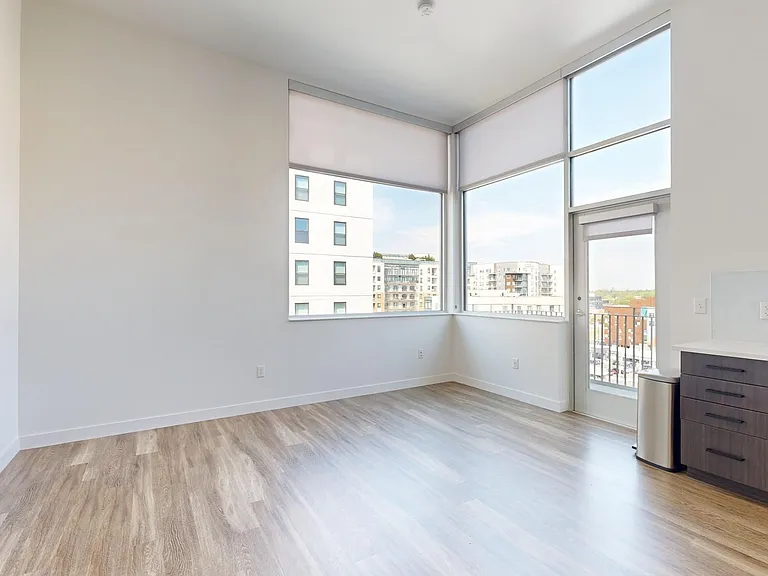 Apartment living room with wood-style flooring.