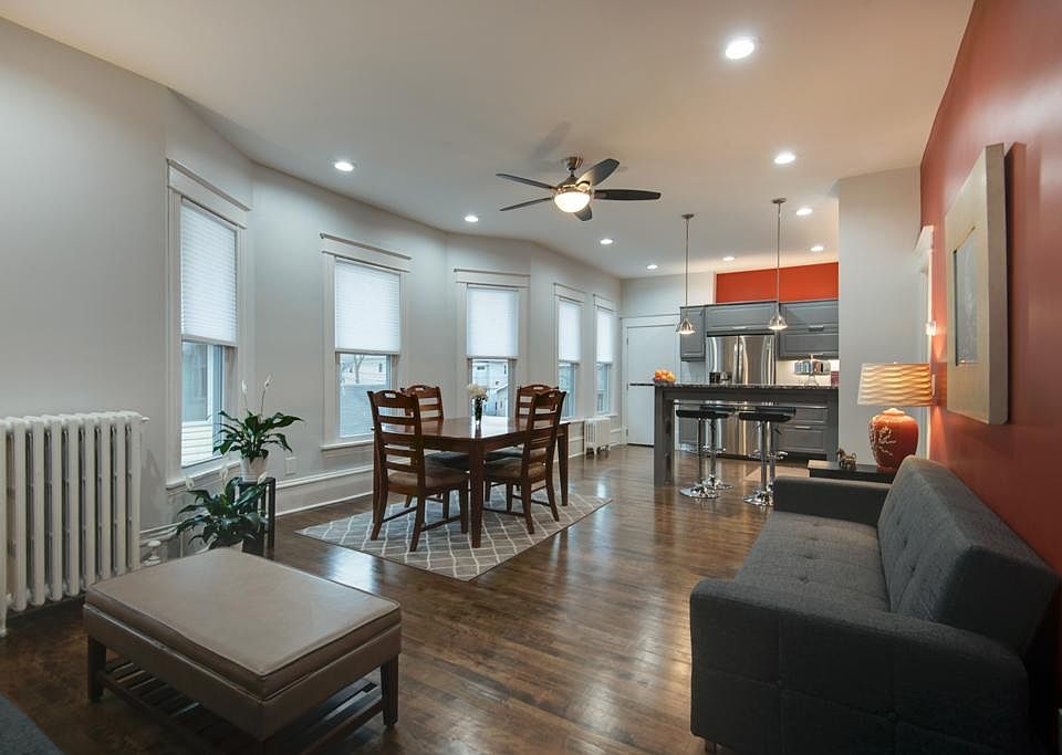 The kitchen, dining and living areas are all connected with an open floor plan.
