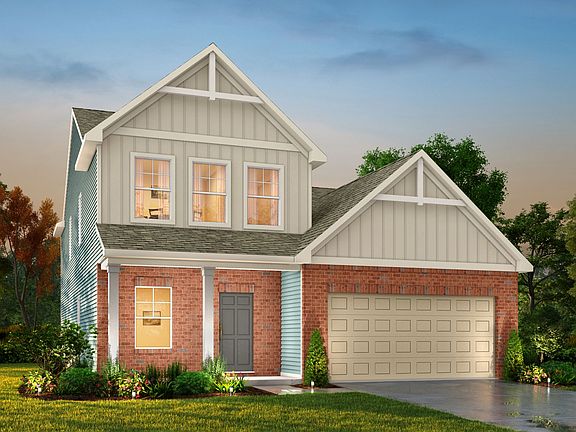 A rendering of a brick house with a white roof and a garage.