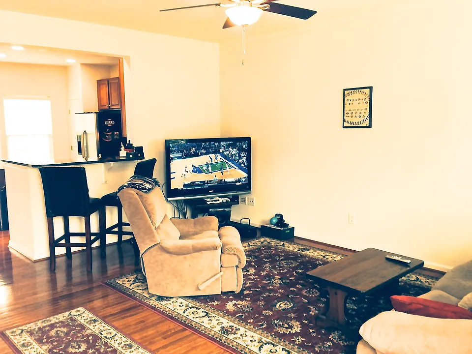 Family room is wired for surround sound speakers.