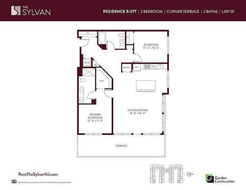 Floor plan Corner Two Bedroom Apartment with Terrace B-07T