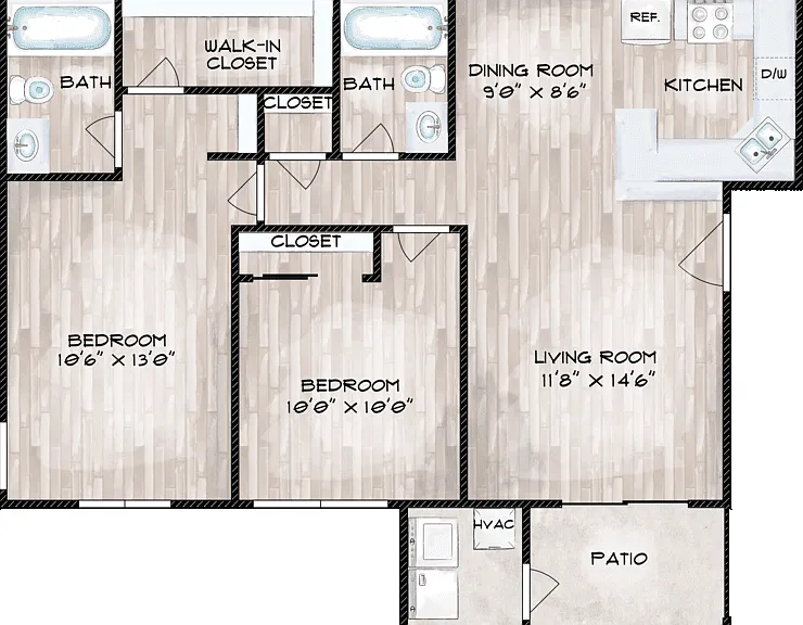 2 Bedroom 2 Bathroom Type B Floorplan Diagram