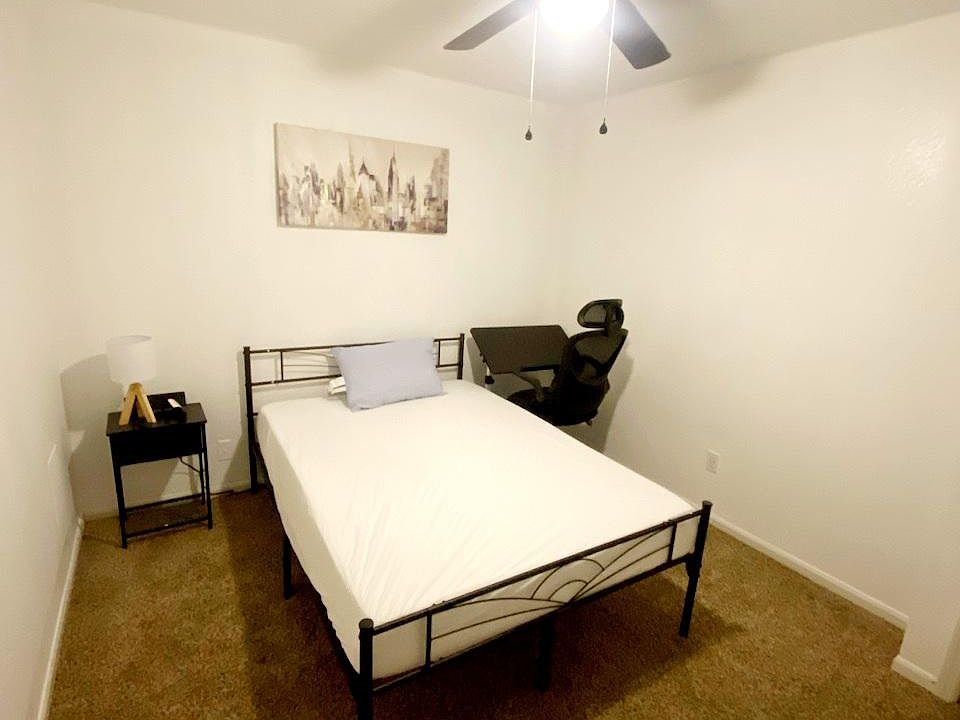 Full size Memory Foram mattress, antibacterial pillow with Side table (with outlets inbuilt) and lamp.