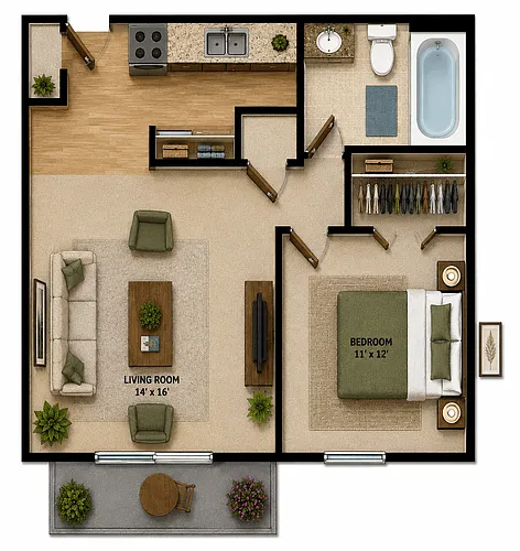Floor plan One Bedroom One Bath Mid-Rise