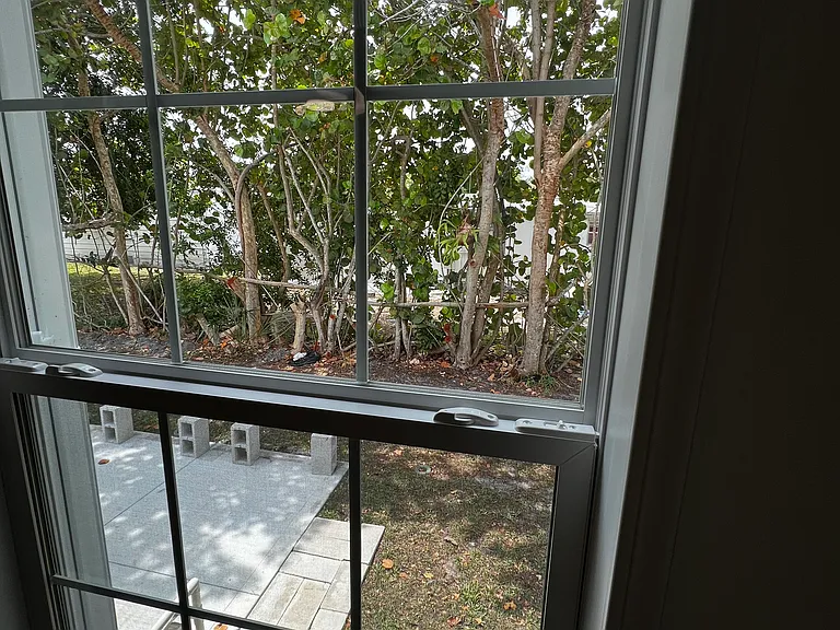 Master Bedroom looking out to backyard patio and sea grapes.