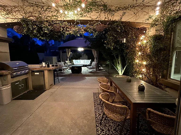 Backyard for entertaining, gazebo, fire pit and sitting area for backyard entertaining,