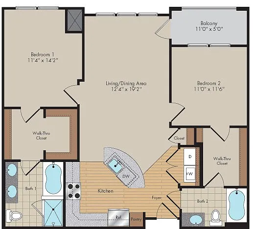 Floor plan 2 Bed/2 Bath-B2B-Hampton