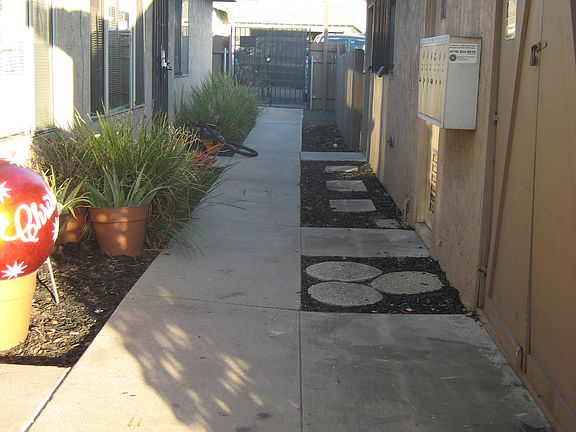 Walkway to the front gate. All units are enclosed by fencing and plants.