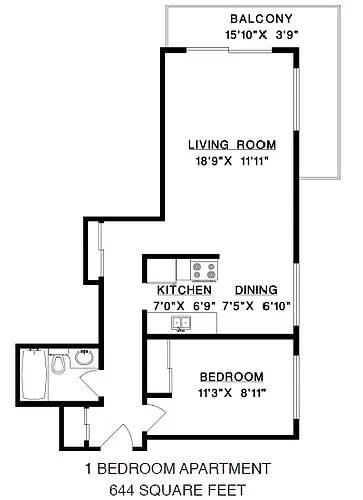 Floor plan Bridgeview 1 Bed 1 Bath B