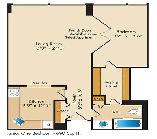 Floor plan 1 Bedroom - 1 Bath | A01