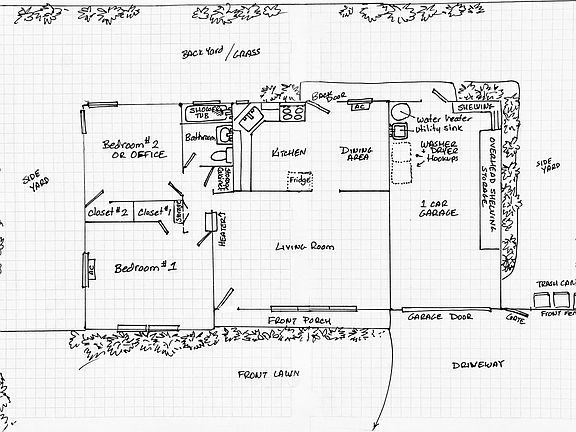 Layout / floorplan of the house and surrounding yard area.