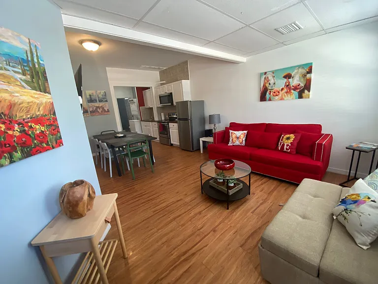 Cozy and bright living room with coffee tables, decorative paintings, a large sofa and a medium-sized sofa