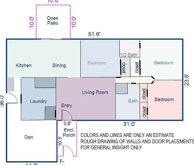 color coded rooms are best estimate of measurements to help give insight of general room layouts