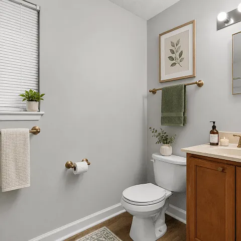 Bright full bathroom featuring a tub/shower combination, built-in shelving, updated finishes, and additional storage for everyday convenience.