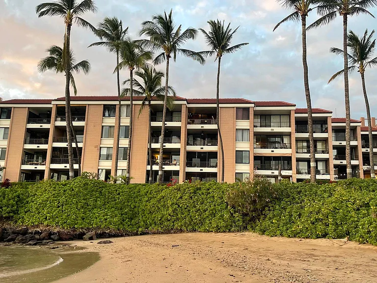 Daytime shot from the baby beach look up at complex.