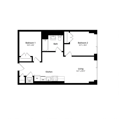 Floor plan 2 Bedroom - 1 Bath | Bj1